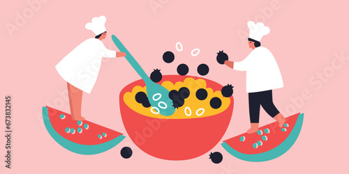 People cooking on kitchen table set vector flat illustration. Collection of various cartoon man, woman, couple and family preparing food. 