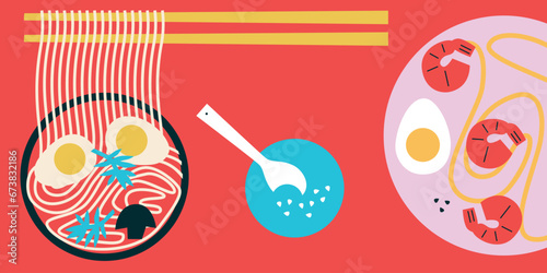 Various noodles and vegetable, illustration. Japanese food for flyers, posters, menu.
