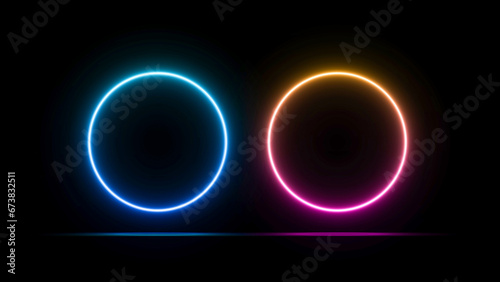 glowing circle, Set of glowing frame designs in blue, pink, yellow, abstract mandala bright colored circle background. Collection of glowing neon lights on a dark background, futuristic style.