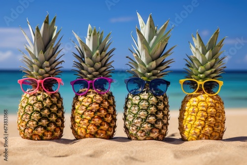 Pineapple with sunglasses placed on sand beach. Summer tropical vacation concept.