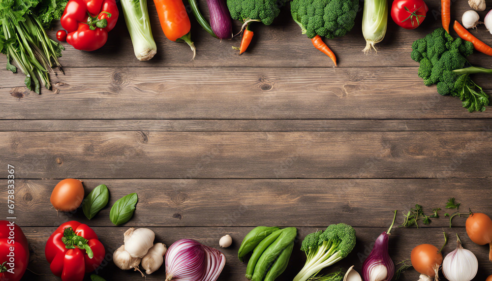 Various vegetables in the center of the image, on a wooden table - obrazy, fototapety, plakaty 