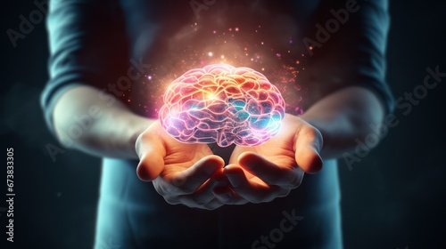 Bright human brain on hand illustration. 3d illustration