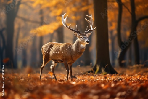 Male deer with antlers stand in forest in Autumn with beautiful foliage. © rabbit75_fot