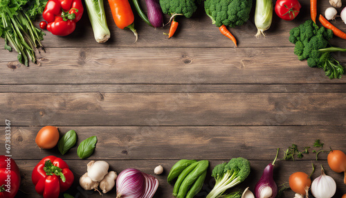 Various vegetables in the center of the image, on a wooden table