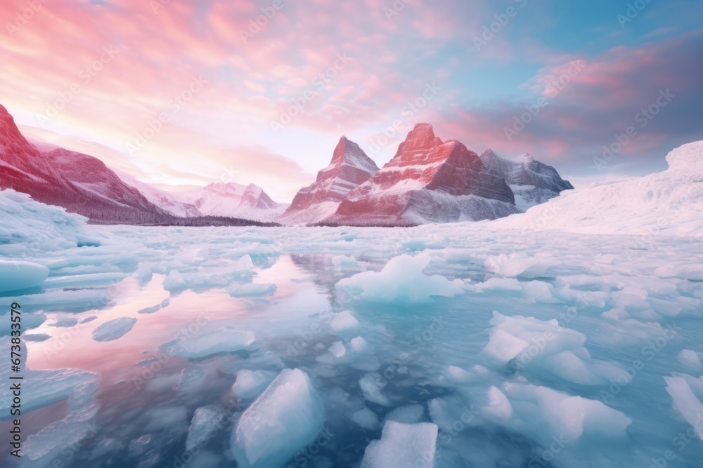 Fototapeta premium Beautiful lake at sunrise with foggy Winter forest mountain covered by heavy snow and ice. Winter seasonal concept.
