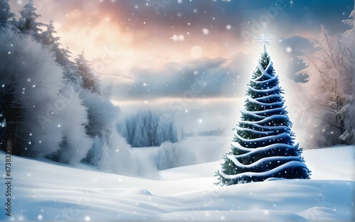 Christmas tree in snowy winter wonderland landscape