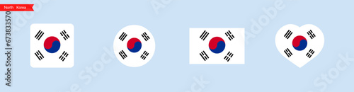 National flag of North Korea. North Korea flag icons in the shape of square, circle, heart. Isolated flags for language selection. Vector icons photo