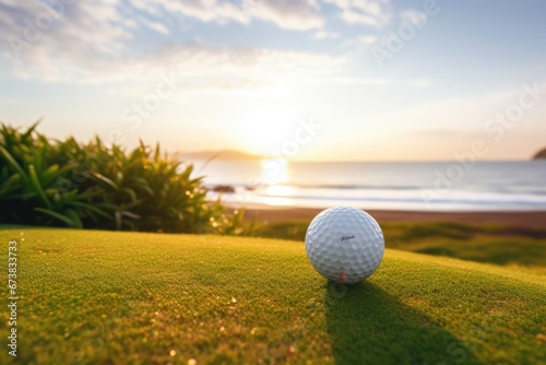 Close-up view of a golf ball on grass lawn ground in luxury vacation resort. Summer tropical vacation concept. photo