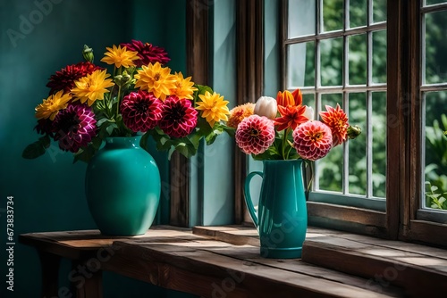 A bouquet of dahlia and tulip flowers, placed in a teal ceramic vase, on a wooden surface, near an open window. ,