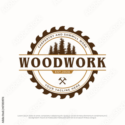 Wood template saw premium logo design with vintage carpentry tools.Logo for business, carpentry, lumberjack, label, badge.