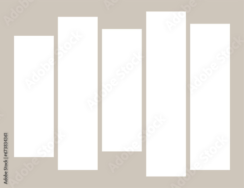 Five different vertical banners. Modular painting of five parts. Templates collage frames. Vector Mockup for design, collages. White empty stripes on beige. EPS10. 