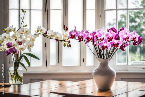 A bouquet of orchid and carnation flowers, placed in an ivory ceramic vase, on a wooden surface, near an open window. photo