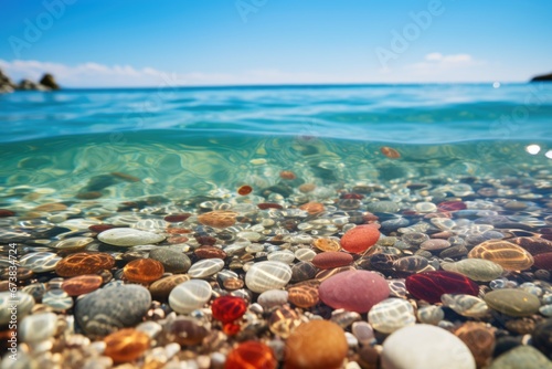 Close-up view of colorful pebbles in sea water on sand beach. Summer tropical vacation concept.