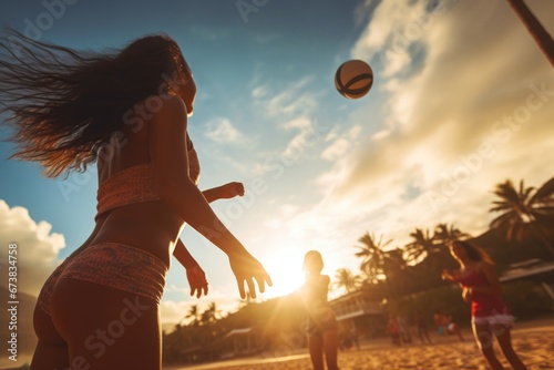 Beautiful girl close-up view in a sand beach volleyball game at sunset. Summer tropical vacation concept. photo