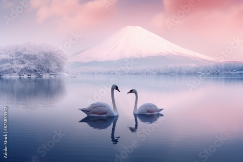 Fototapeta Naklejka Na Ścianę i Meble -  Two swan in lake in winter with snow at sunrise.