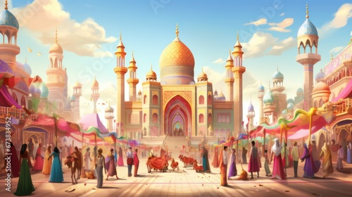 Illustration of a Muslim mosque with the theme of the month of Ramadan and Eid al-Fitr photo