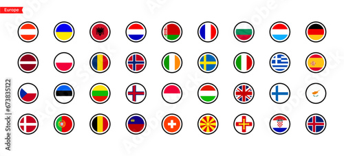 Flags of the countries of the Europe continent. Color flags of countries. Isolated round flags of Europe countries. Vector icons