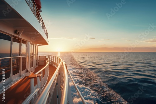 Luxury cruise ship deck view at sunrise in sea. Vacation travel concept.
