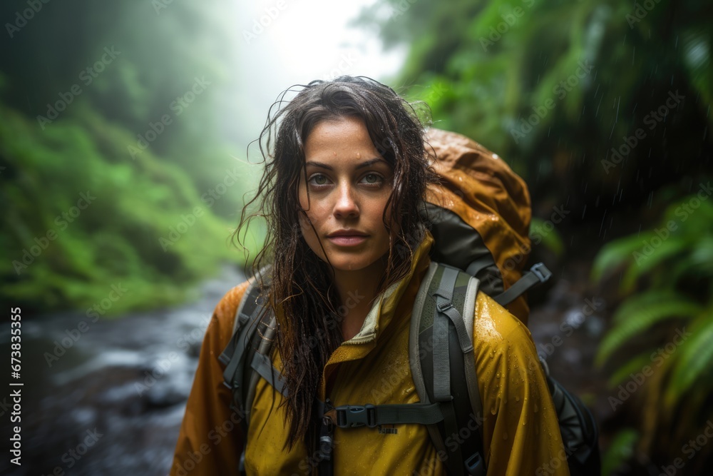 A female hiker walking in rainforest. Outdoor travel concept. A female hiker walking in rainforest. Outdoor travel concept.