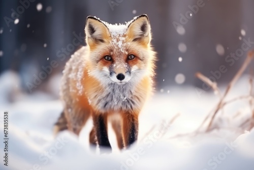Beautiful red fox stand in wild in Winter with snow.