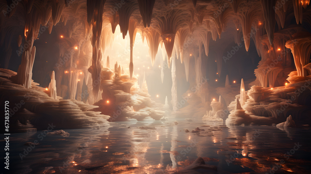 Obraz premium An awe-inspiring image of a vast underground chamber adorned with magnificent stalactites and stalagmites, bathed in soft, ethereal lighting.