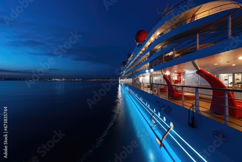 Luxury cruise ship deck view at dusk in sea. Vacation travel concept. © rabbit75_fot