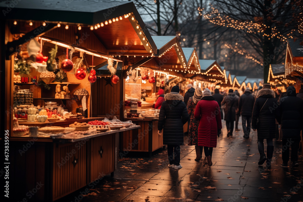 crowded Christmas market with decorated stalls with lots of souvenirs, crafts and treats during winter holidays. cozy atmosphere