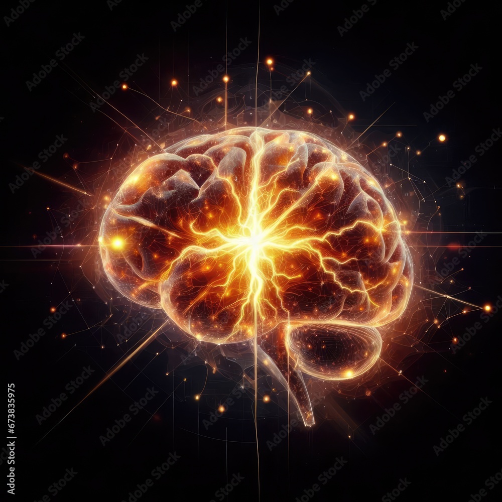 3d render abstract background with brain that surrounded with particles with twisted trails
