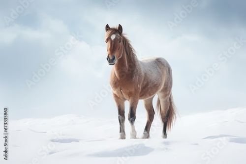 A horse stand in snow in winter woods.