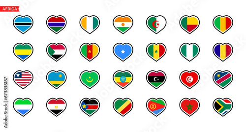 Flags of the countries Africa continent. Isolated flags of Africa continent. Color hearts flags Africa countries. Vector icons