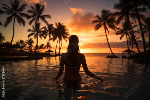 Beautiful lady stand in water in luxury resort at sunset. Summer tropical vacation concept.