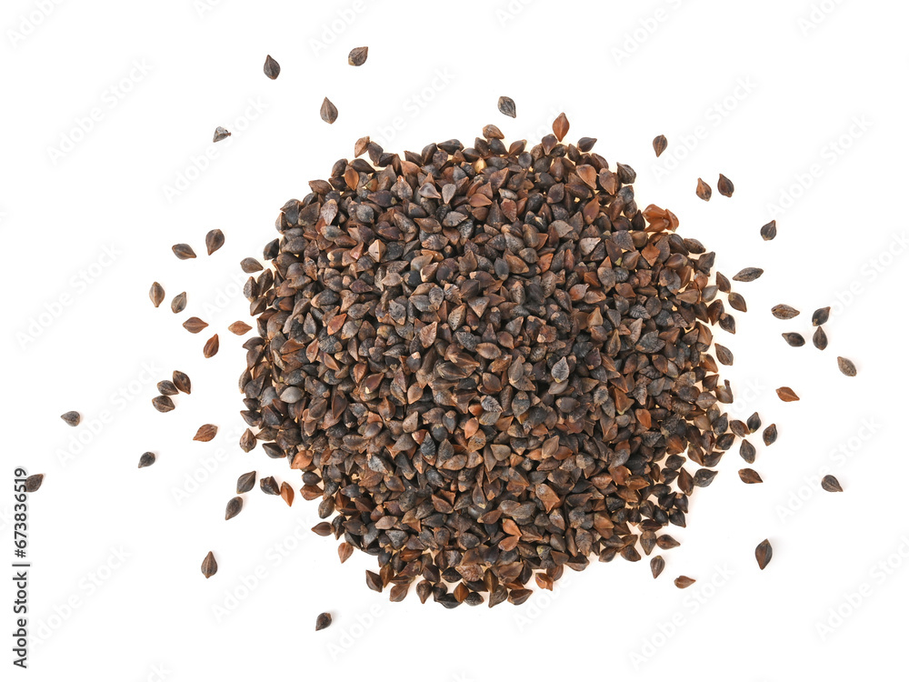 Buckwheat, Black Buckwheat, Buckwheat for Birds isolated on white background top virw Buckwheat, Black Buckwheat, Buckwheat for Birds isolated on white background top virw