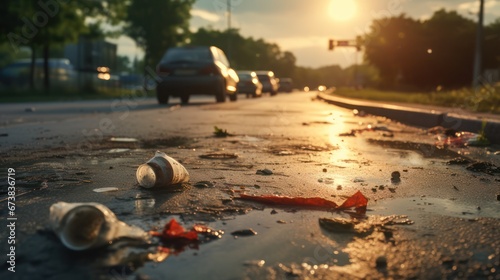 Close up photo of rubbish scattered on the city highway photo