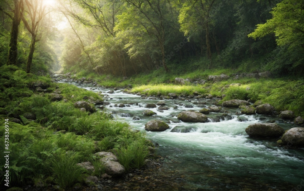 Beautiful river stream in the deep green forest