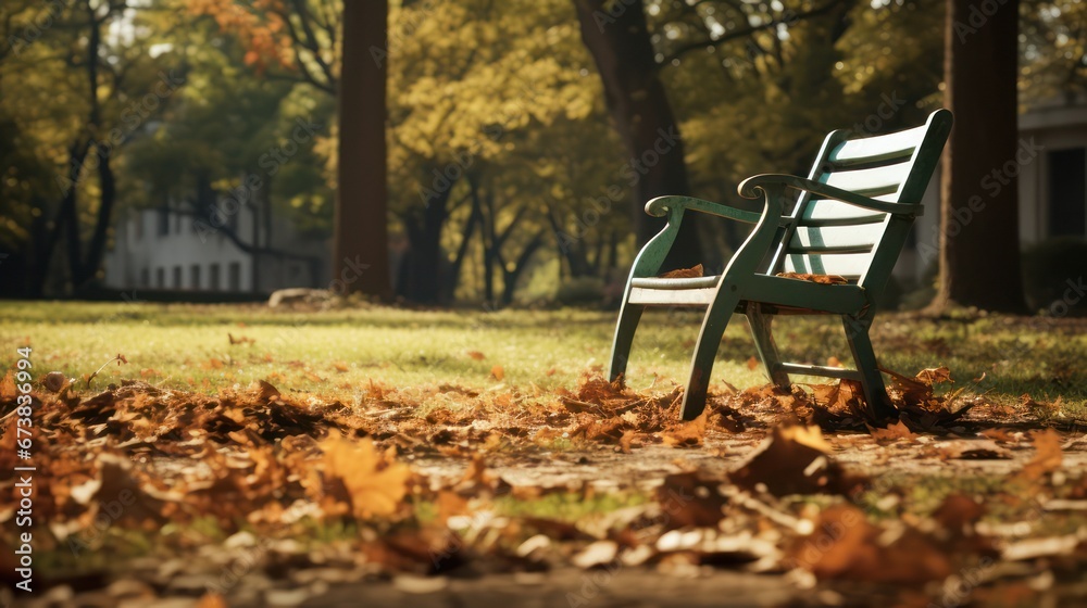 Park in autumn with empty benches