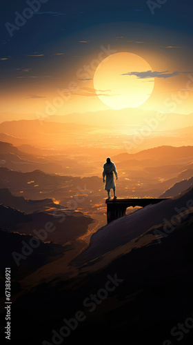 Silhouette of a man standing and looking at the sunset in the desert