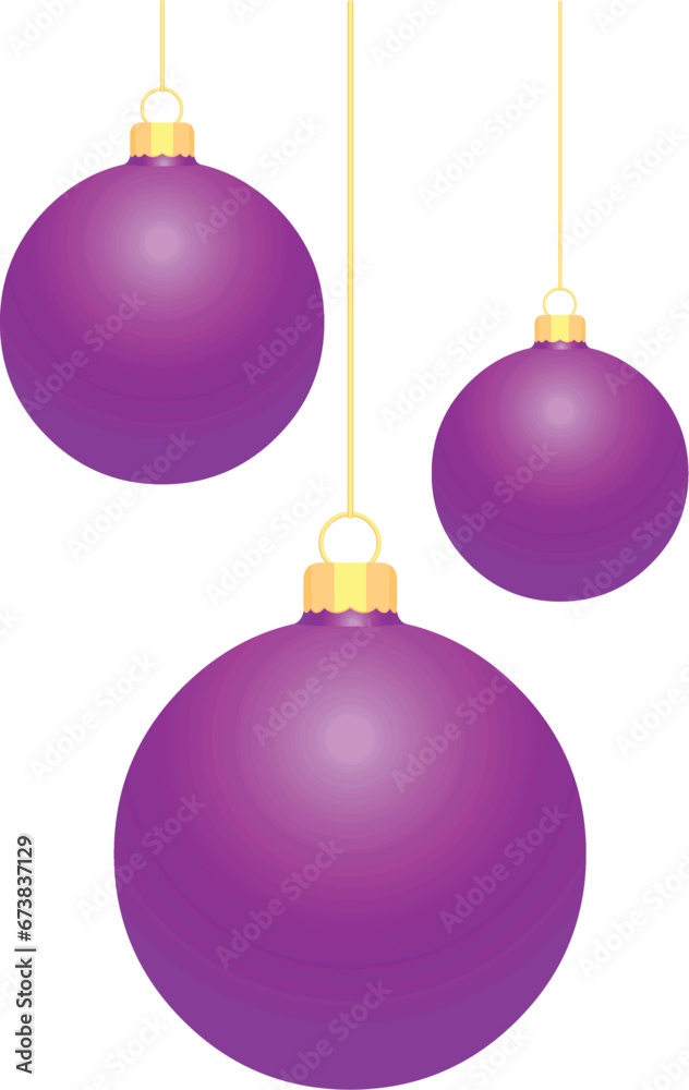 3 boules de Noël violettes avec suspensions en or 3 boules de Noël violettes avec suspensions en or