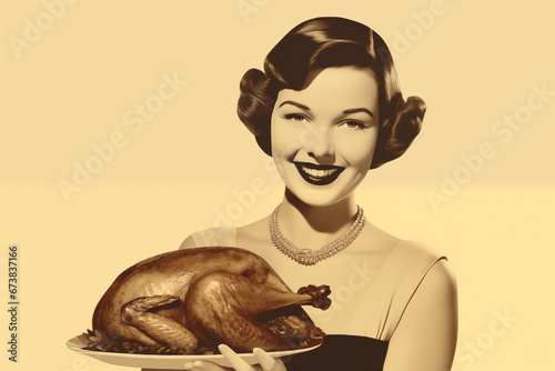 sepia brunette housewife woman holding thanksgiving turkey in vintage advertising 
