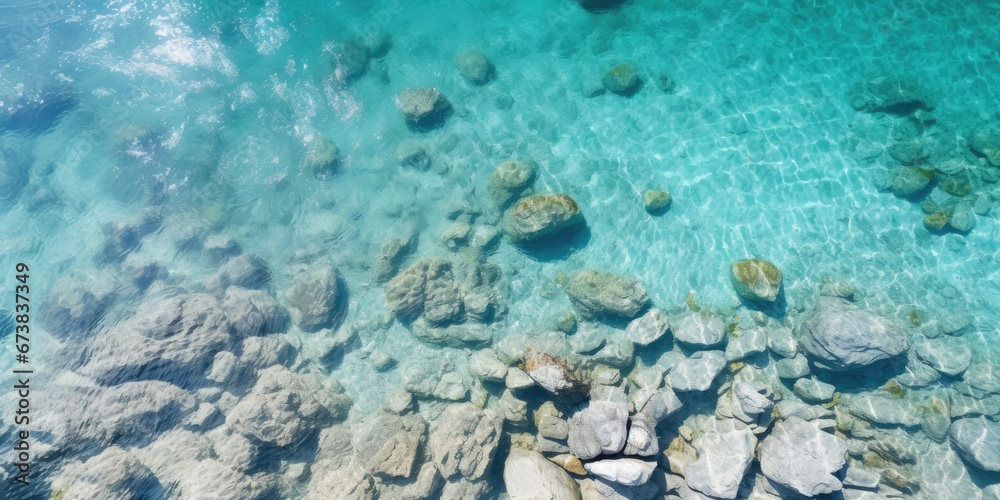 Aerial view of crystal clear water and rocky beach. Abstract seascape background. Summer vacation concept.
