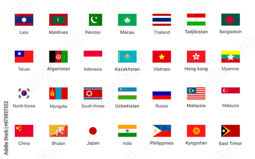 Flags of the countries Asia continent. Isolated flags of Asia continent. Color flags of Asian countries. Vector icons