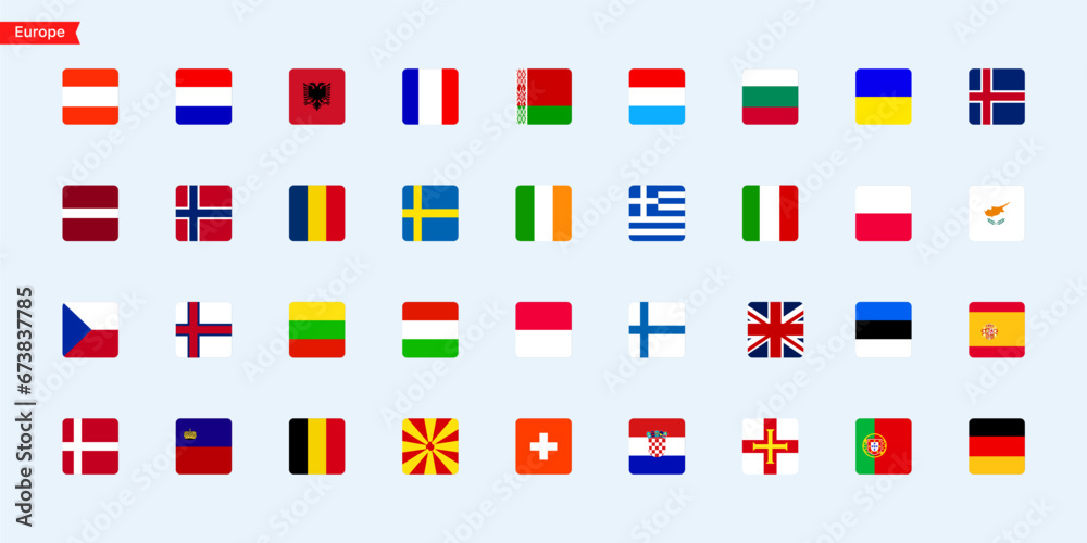 Flags of the countries Europe continent. Isolated flags of Europe continent. Color flags of