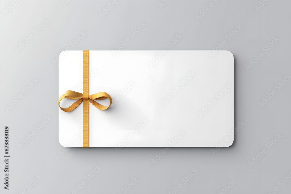 Blank minimal white gift card or gift voucher with golden ribbon rope bow isolated on grey background with shadow minimal creative idea concept 3D rendering - obrazy, fototapety, plakaty 