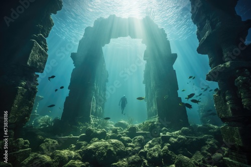 A diver explore a underwater temple relic of old remains historical buildings in deep sea. Vacation travel concept.