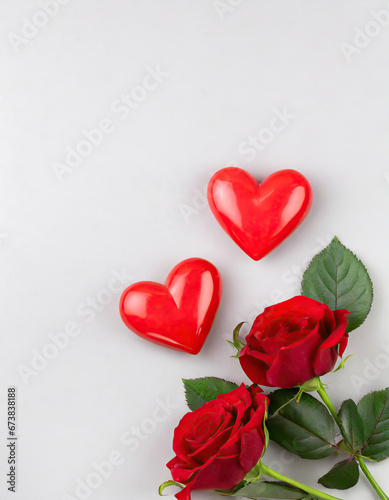 two red hearts on a white background with red and white roses