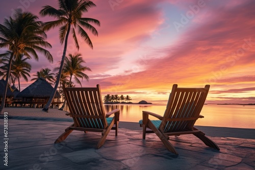 Beach chair at sunset in luxury resort with beautiful seascape on beach. Summer tropical vacation concept.