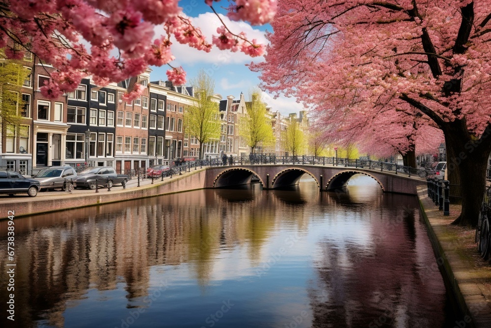Quaint Amsterdam houses standing by river Amstel in an old European city with a delightful spring landscape. Generative AI