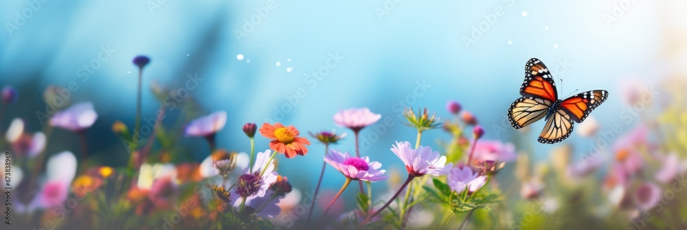 Panoramic view of butterfly in booming wild flower field in Spring. - obrazy, fototapety, plakaty 