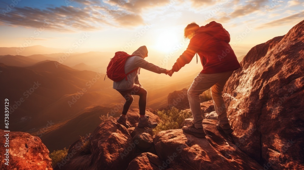 Two people helping each other hike up a mountain, Giving helping hand and teamwork concept. Travel. - obrazy, fototapety, plakaty 