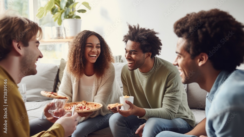 Group of friends multiracial young people eating pizza cheerful on weekend home party together.
