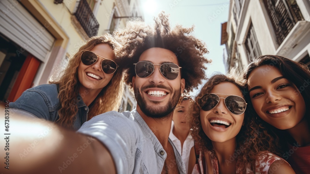 Group of friends multiracial young people taking selfie cheerful on Summer vacation together. Happy young people having fun hanging out on city street. Group of friends multiracial young people taking selfie cheerful on Summer vacation together. Happy young people having fun hanging out on city street.